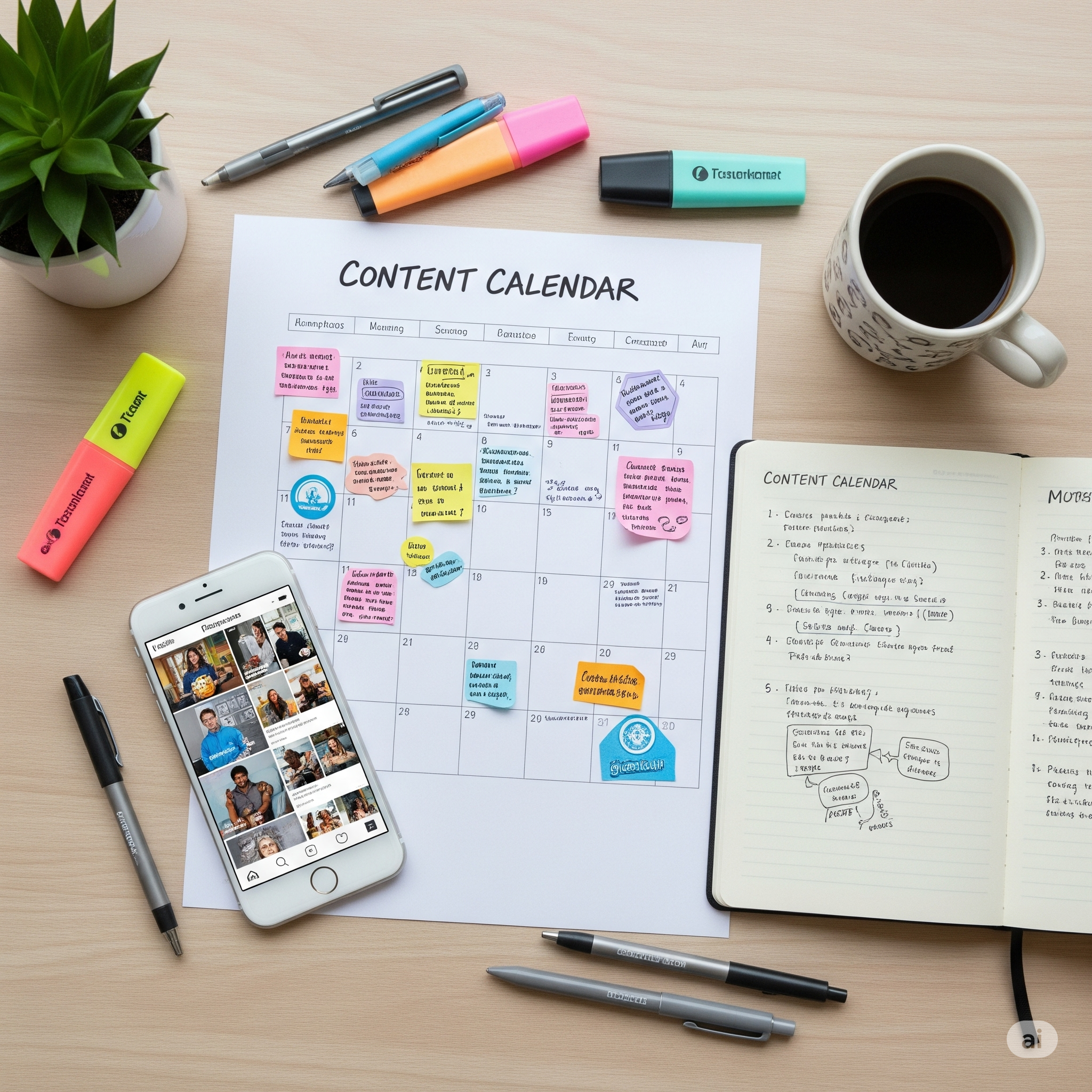 Planification d'une stratégie de contenu Instagram : un calendrier de publication, un carnet et un smartphone sur un bureau.
