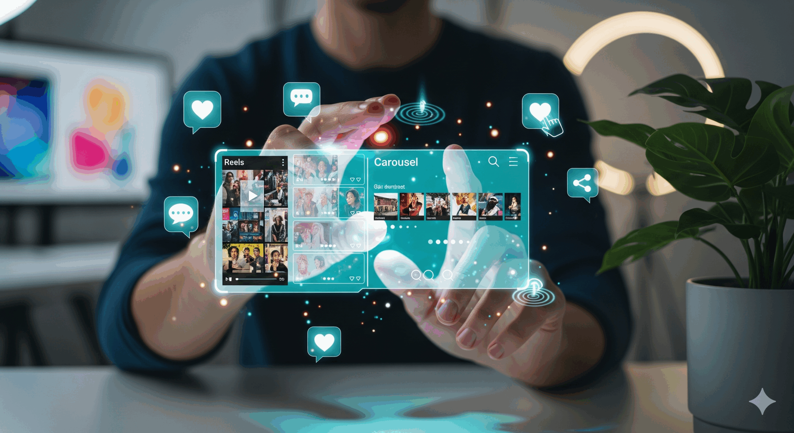 Illustration d’un créateur manipulant une interface holographique Instagram avec les formats Reels et Carrousel, entourée d’icônes de like, commentaire et partage.