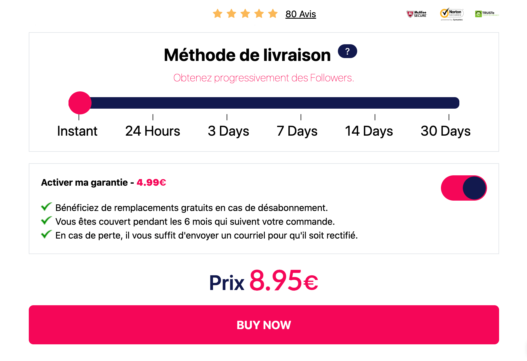 Choix des méthodes de livraison progressive et du toggle de garantie