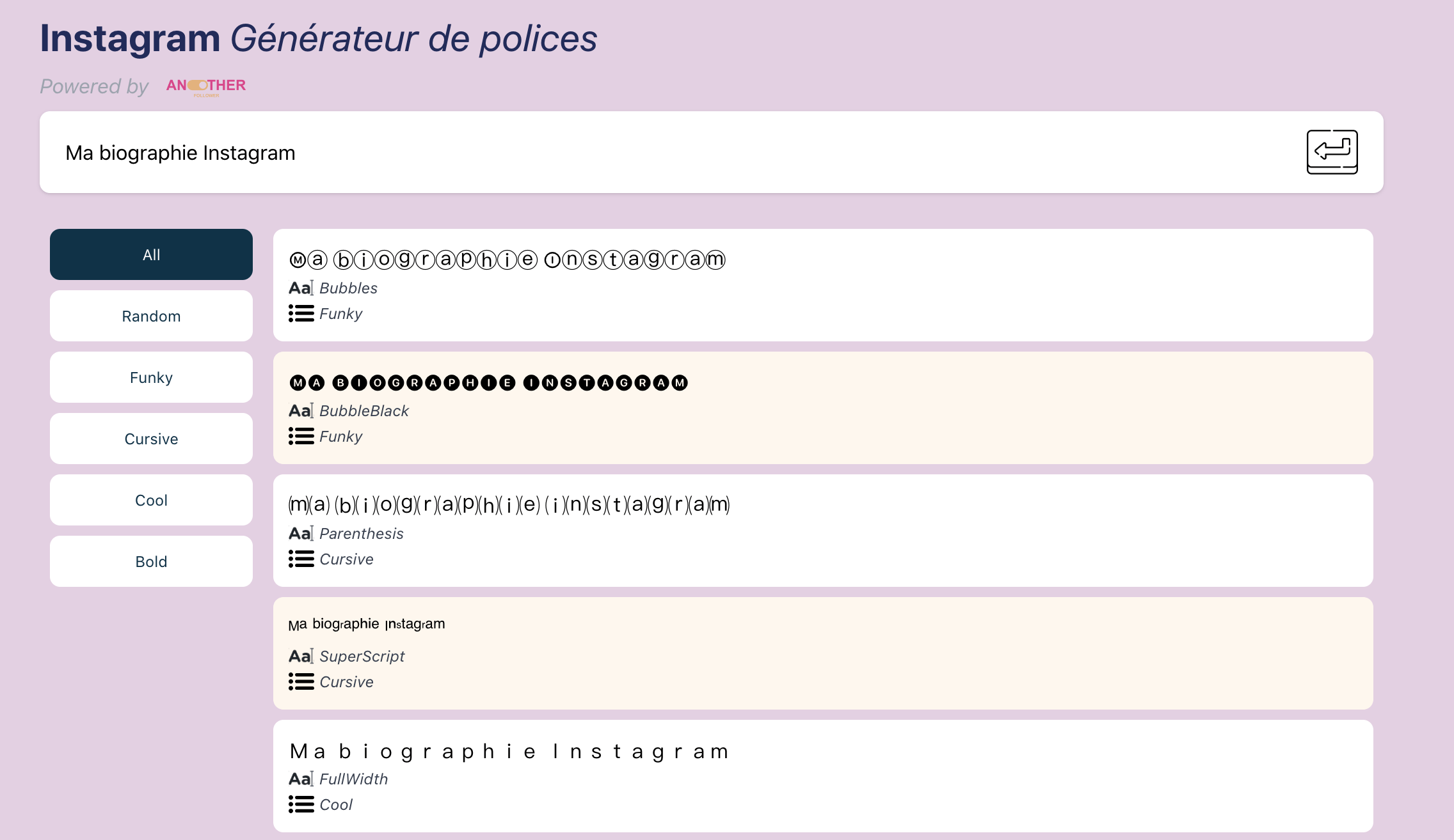 Aperçu de la prévisualisation de la police Instagram