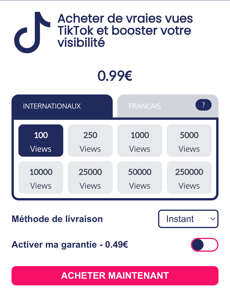 Interface de sélection de la qualité et de la quantité de vues TikTok