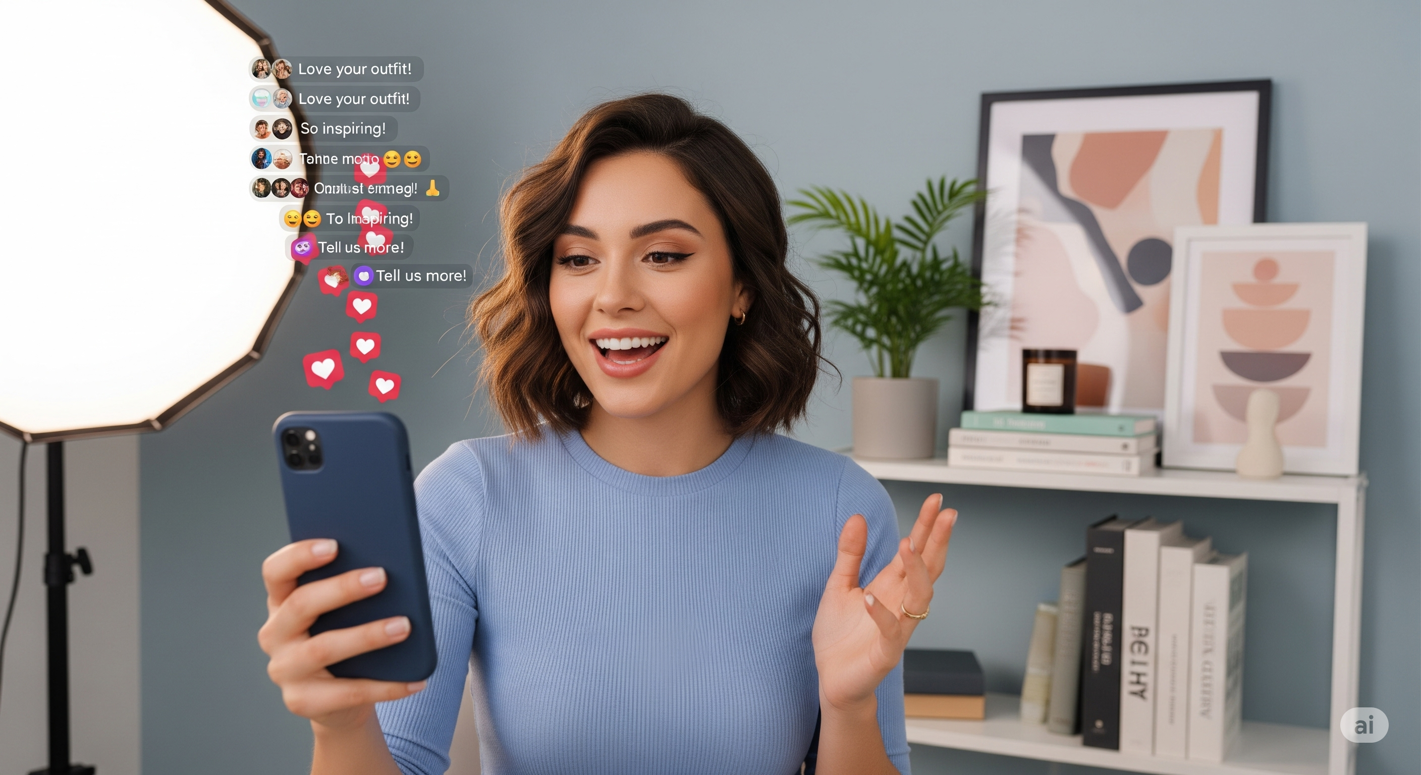 L'Interaction en Direct avec sa Communauté Influenceuse interagissant avec sa communauté pendant une session live sur Instagram, avec des commentaires et des cœurs qui défilent sur son téléphone.