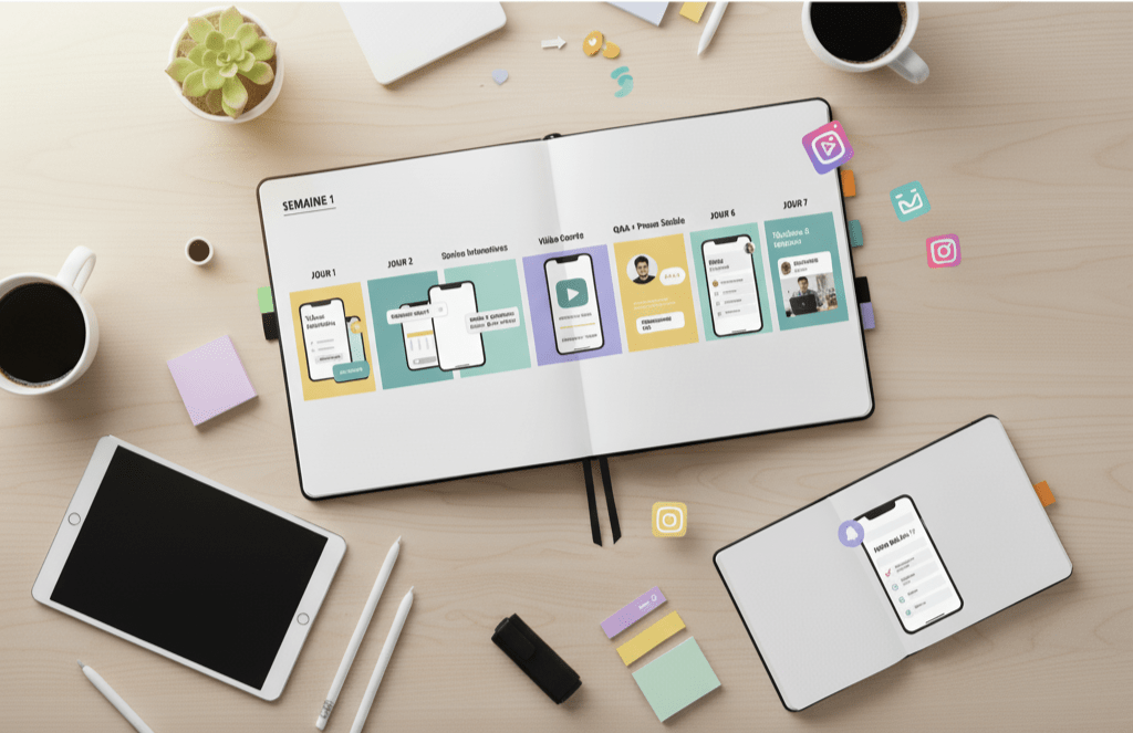 Calendrier éditorial Instagram — Semaine 1 au format horizontal : Jour 1 valeur immédiate, Jour 2 stories interactives, Jour 3 vidéo courte (Reel), Jour 4 Q&A et preuve sociale, Jour 6 résultats & coulisses, Jour 7 bilan.