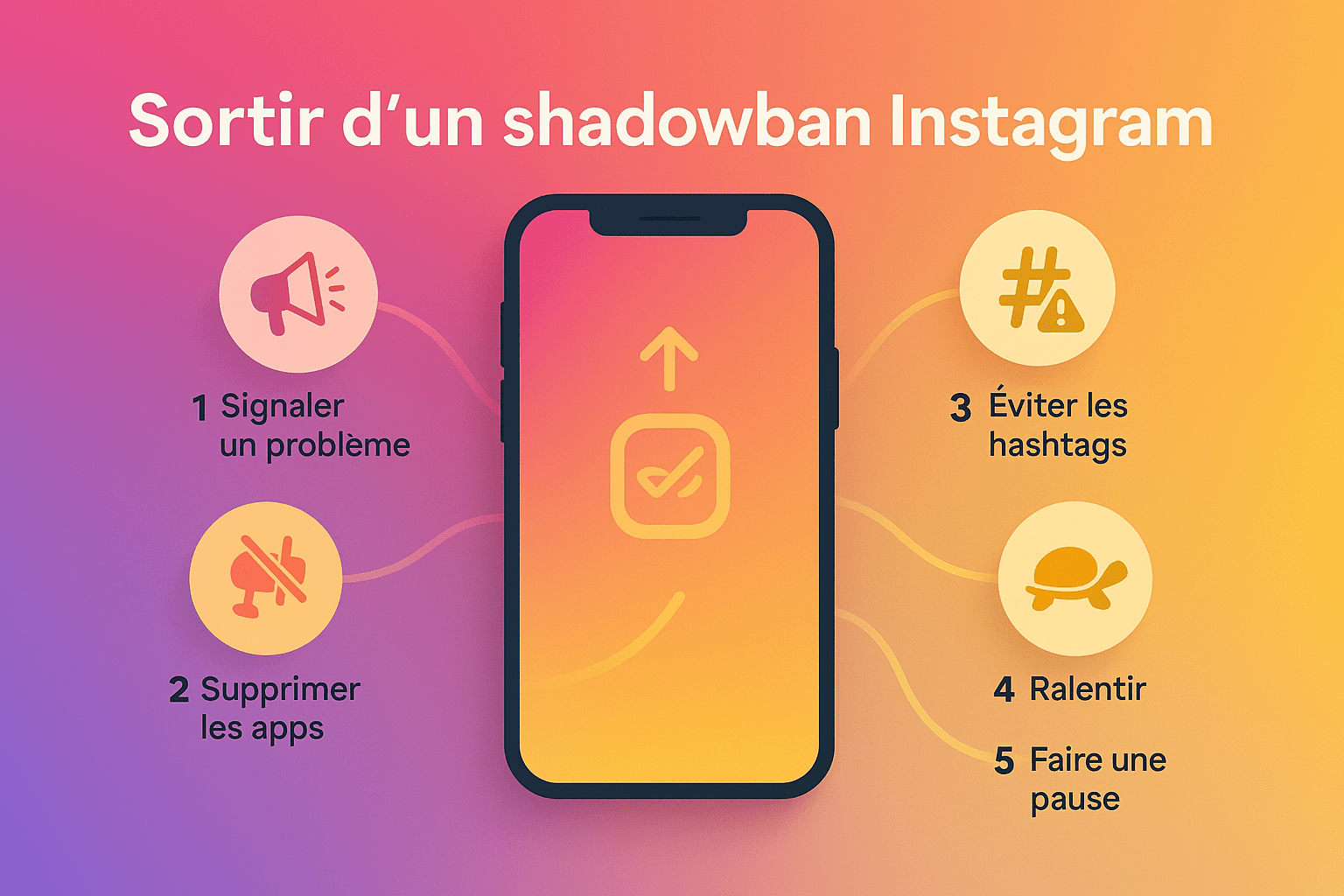 Infographie : 5 étapes concrètes pour sortir d’un shadowban Instagram (signaler, retirer les apps, nettoyer les hashtags, ralentir, reprendre progressivement)
