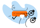 Illustration CTA Instagram avec forme bleue et bouton orange symbolisant l’ajout d’abonnés.