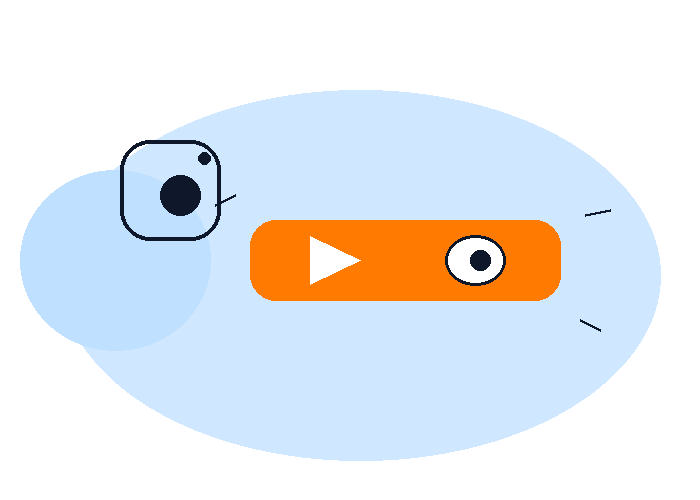 Illustration minimaliste sur le thème des vues Instagram, palette bleu/orange, style plat.