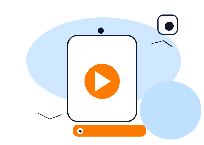 Illustration CTA vues Instagram avec forme bleue et bouton orange, style épuré.