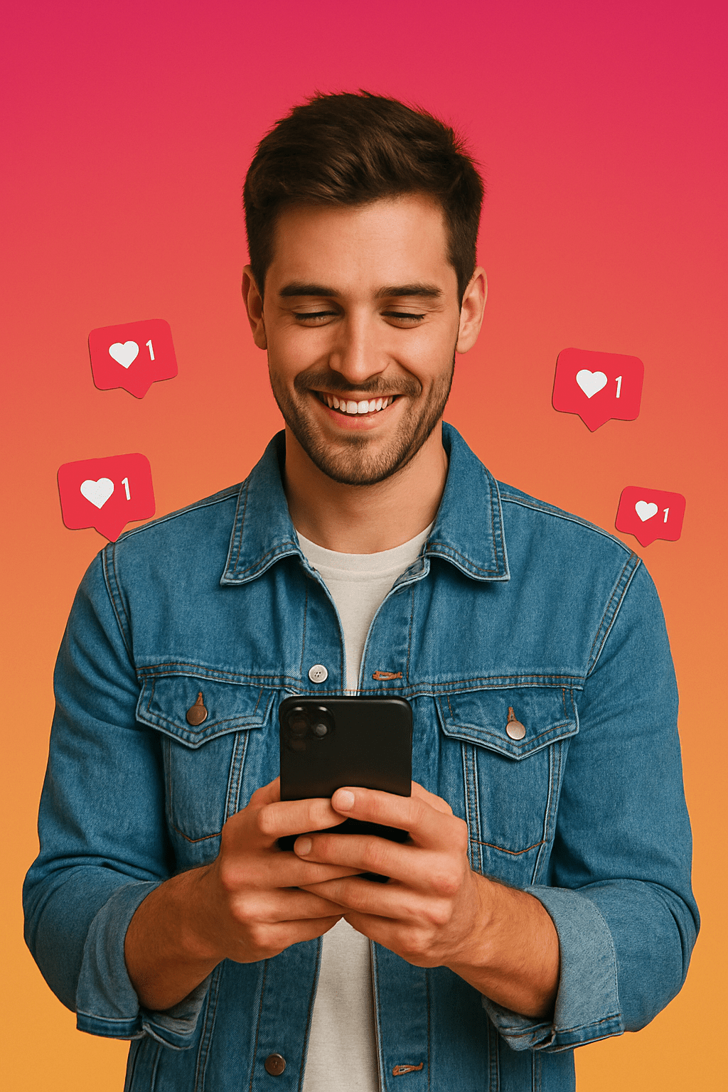 Influenceur souriant devant son téléphone, likes qui jaillissent