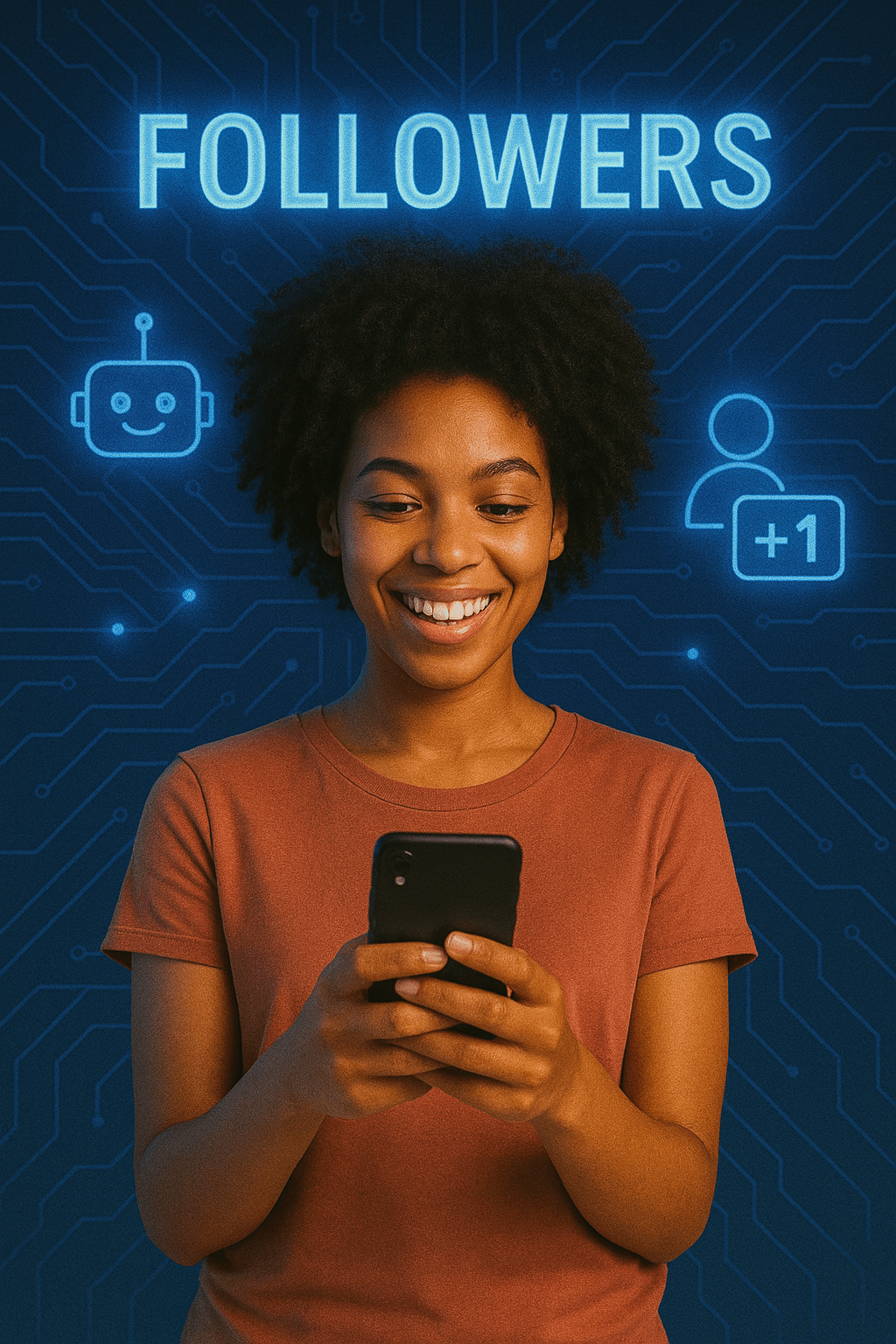Influenceuse devant fond circuit IA et icônes Followers