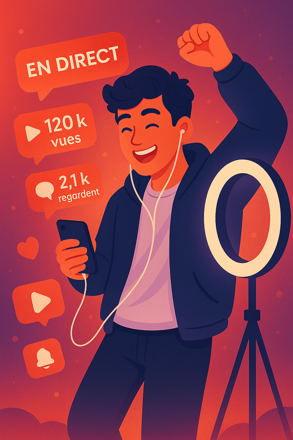 Jeune créateur filme une danse avec son smartphone, anneau lumineux et notifications d’abonnés YouTube.