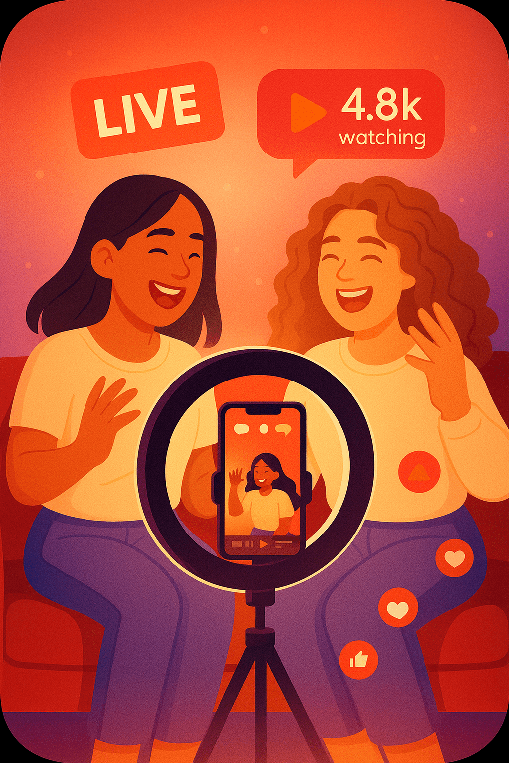 Deux créatrices animent un live YouTube devant un smartphone et un anneau lumineux.