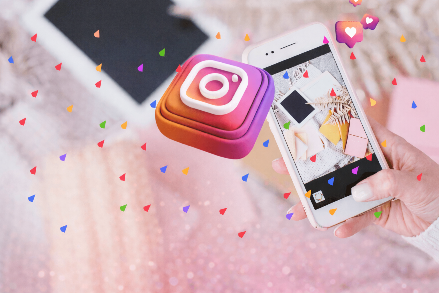 Smartphone avec interface Instagram, icône 3D et confettis : illustration de croissance et d’engagement sur Instagram