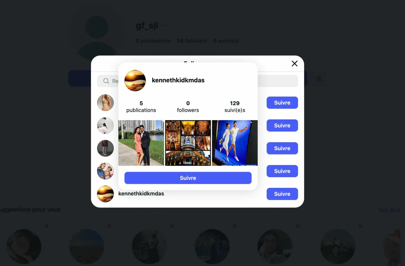 Exemple de bot Instagram — 0 follower, suit 129 comptes, aucune activité réelle