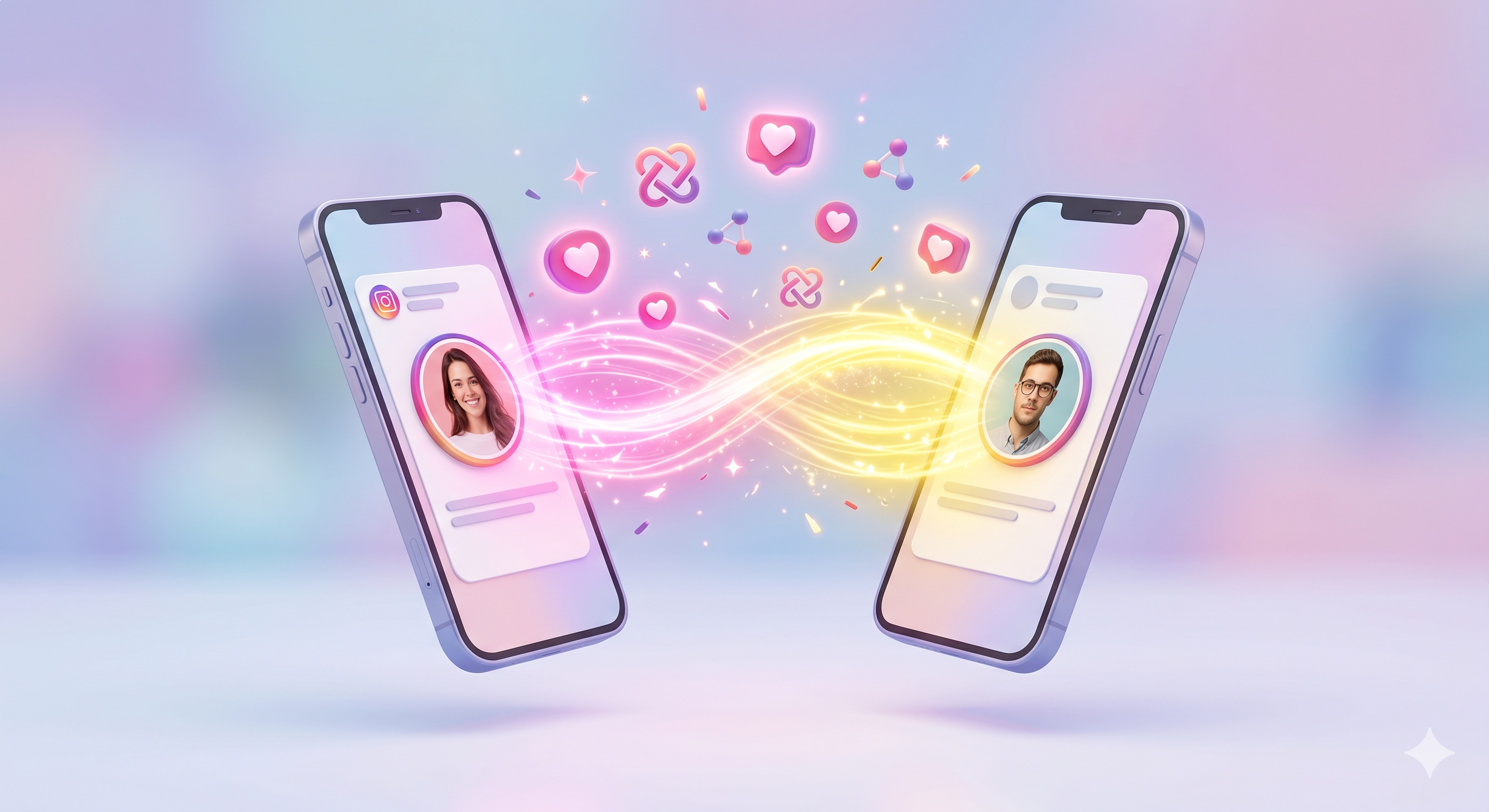 Collaboration Instagram entre deux créateurs : deux smartphones connectés par un flux d'énergie rose et jaune, illustration de l'effet de levier des collabs Reels en 2026