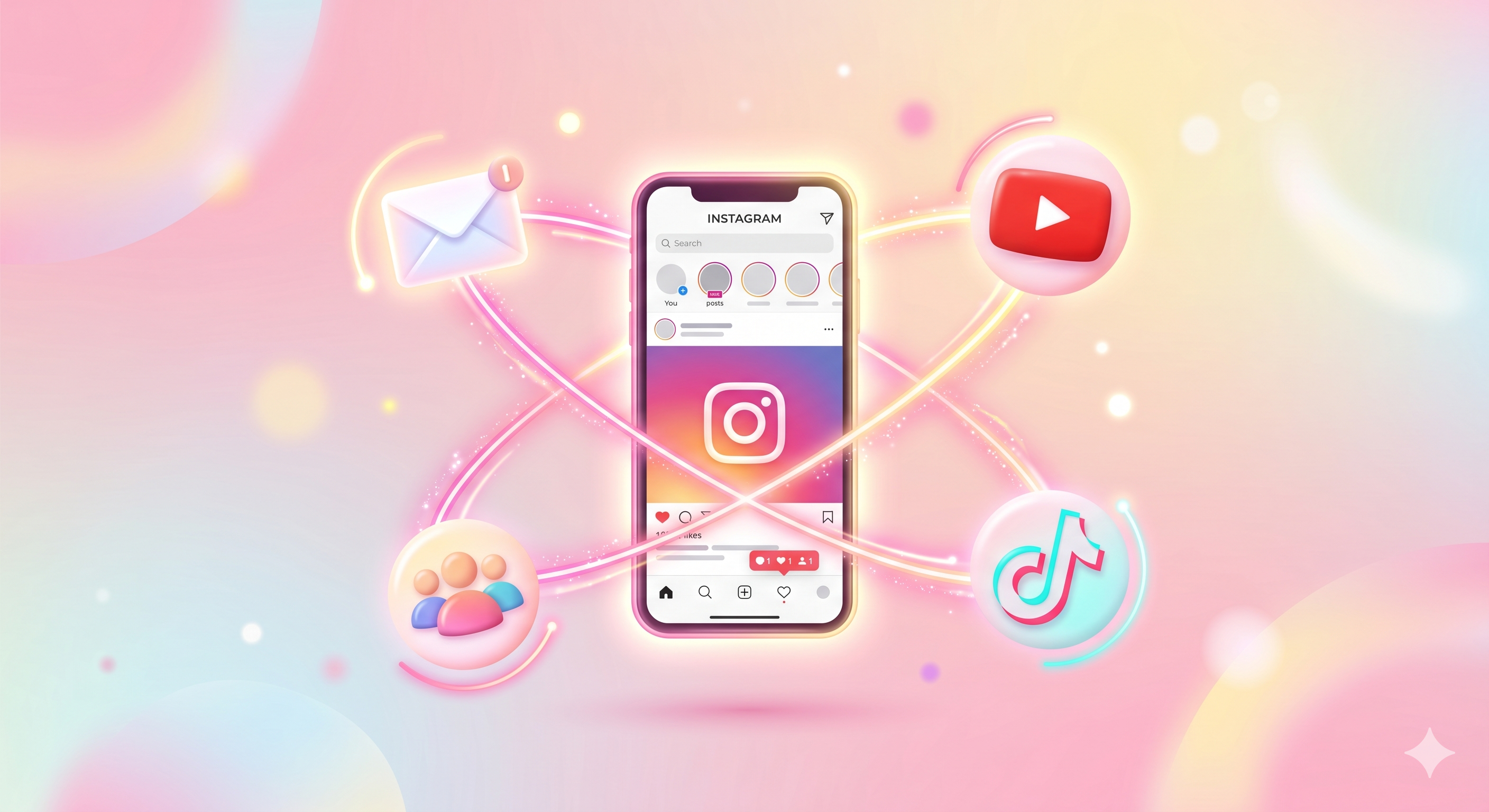 Écosystème multi-plateformes autour d'Instagram : newsletter, TikTok, YouTube et communauté privée connectés en hub-and-spoke pour sécuriser sa croissance